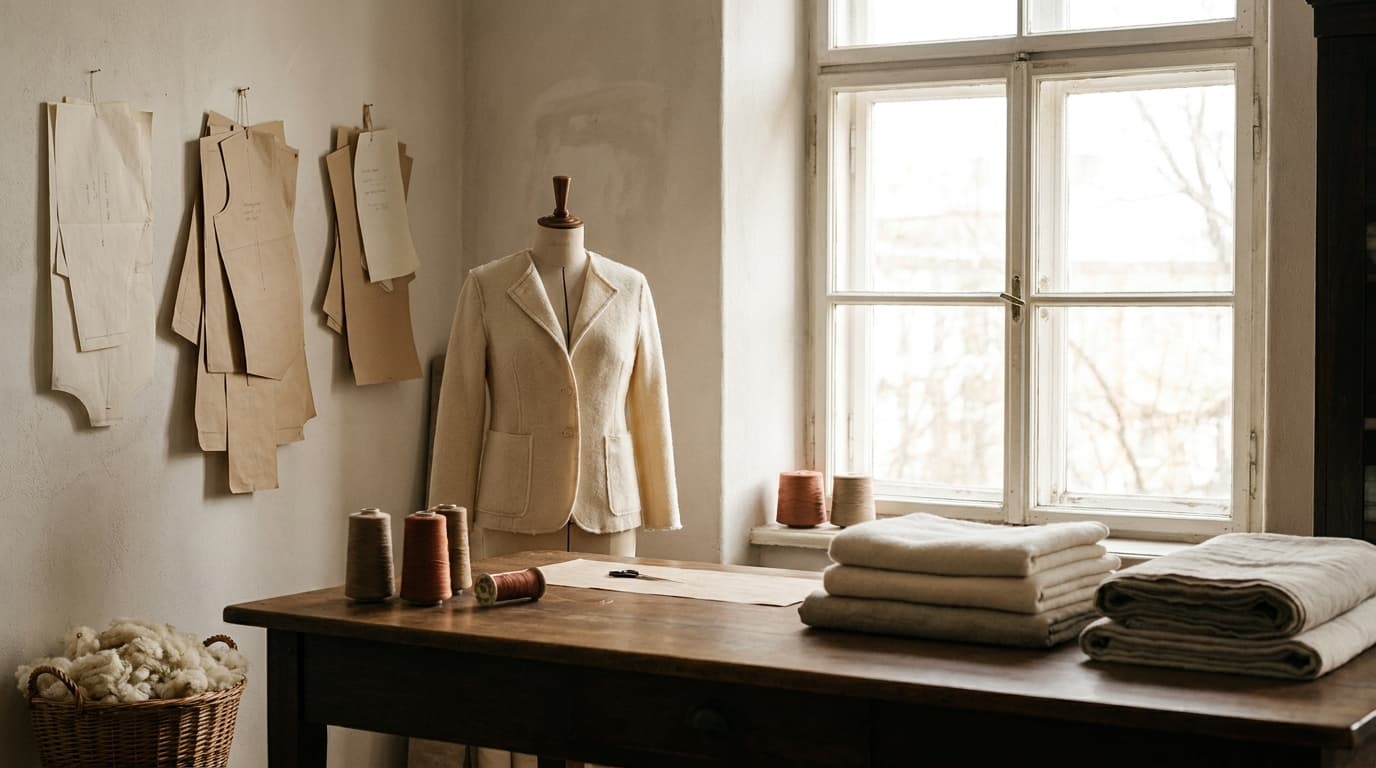 Das Atelier — Werktisch am Fenster mit Schneiderpuppe und Schnittmustern