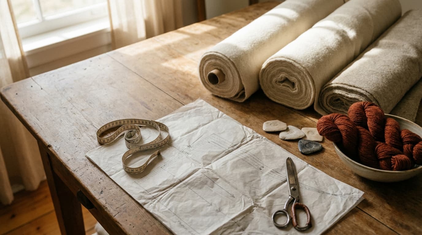 Zuschneidetisch im Slow-Fashion-Atelier — rohe Wolle, Schnittbogen, Schere und Massband