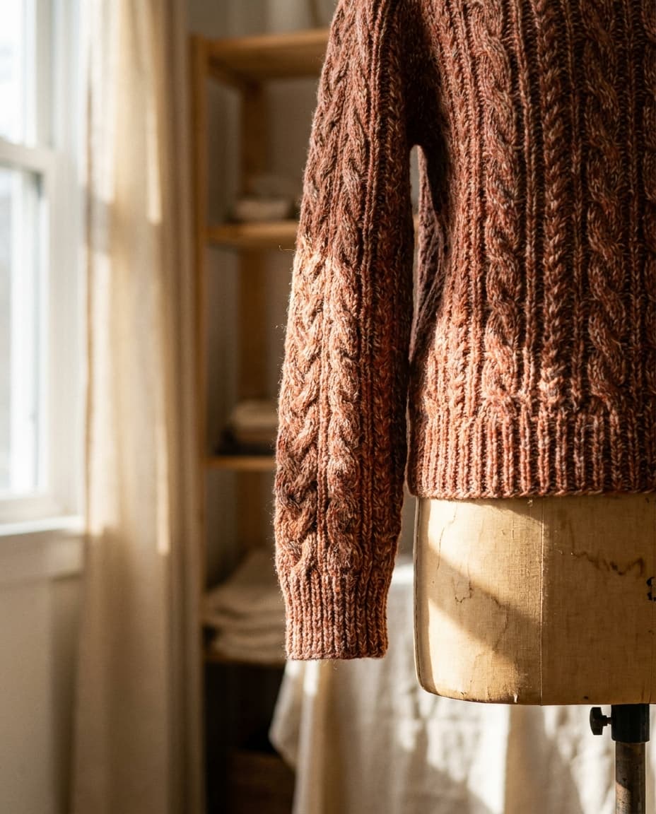 Krapp-gefärbter Zopfmuster-Wollpullover auf der Schneiderpuppe