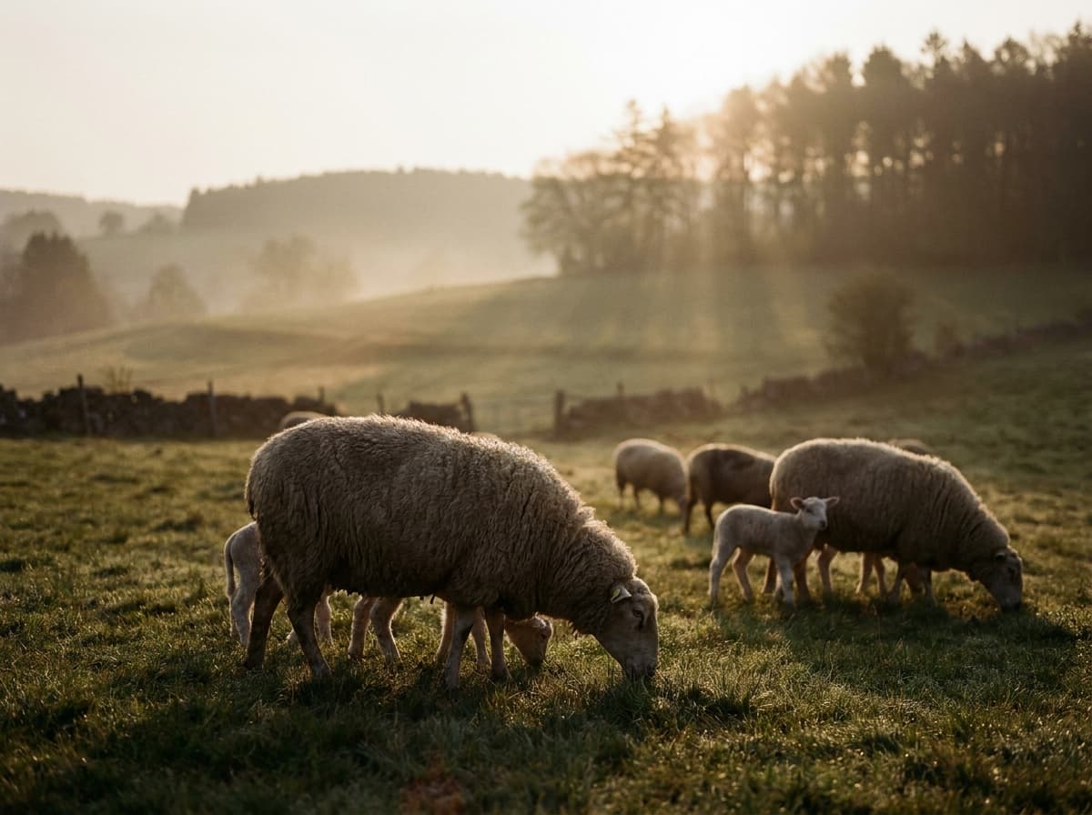 Schafe auf einer Weide im Morgenlicht